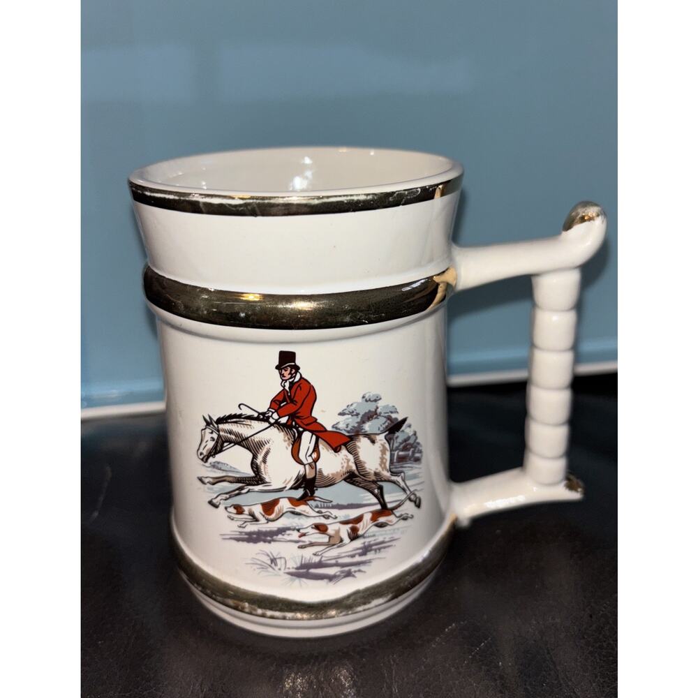 Vintage White Ceramic Hunting Scene Mug with Gold Trim